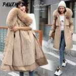 Moterims Winter Parka Warm Hooded Long Sleeve Užtrauktukas Thick Jackets Fur Collar Fleece Drawstring Long Coat Casual Streetwear Outwear