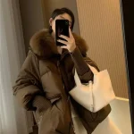 Winter New Fur Collar Puffer Down Parka Loose Down Warmer Thicken Snow Jacket Pocket Užtrauktukas Faux Fur Outerwear Female