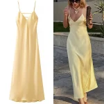 TRAFZA Moterims Summer Geltona Stain V Neck Sling Suknelė Elegant Sleeveless Loose Maksi Robes 2025 New Ladies Party Holiday Suknelės