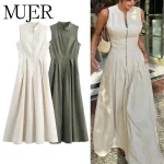 MUJER Užtrauktukas Long Suknelė Woman Klostuotas Sleeveless Bodycon Suknelė Summer Elegant Party Suknelės For Moterims 2025 New Midi Suknelės