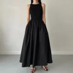 New Summer Simple Elegant Juoda Long Suknelės For Moterims Round Neck Sleeveless High Liemuo Temperament Female Fashion Style Suknelė