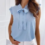 Moterims Summer Elegant Ruffles Sleeveless Polka Pot Lace Up Tie Bow Blouses ir Shirts Casual Oversize Tops Sexy Pullover Tunic