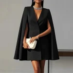 2025 Moterims Fashion Commuter Solid Blazers Suknelė Office Double Breasted Liemuo Party Suknelė Elegant V-neck Shawl Cape Sleeve Suknelė