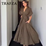 TRAFZA 2025 Spring Summer Vintage Moterims Suknelės Fashion Single Breasted Sashes Draped V Neck Sleeveless Solid Ladies Suknelės