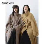 CHIC VEN Korean Moterims Woolen Coat Single Breasted Loose Stand Collar Belt Long Double-sided Ladies Overcoat Autumn Winter 2024