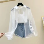 Shirts Moterims Sun-proof Thin Summer Transparent Fashion Casual Retro Sweet Cool Streetwear Holiday All-match Beach Young