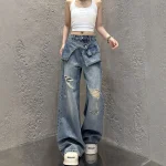 Streetwear Harajuku Jeans for Moterims Pantalones Vaqueros Mujer Chic Fake Two Denim Trousers Casual Straight Y2k Wide Leg Pants