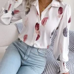 Women Casual Feather Print Turn Down Collar Long Sleeve Shirt Balta Pink Mėlyna for Autumn Woman Clothing