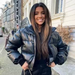 Winter Warm Thick PU Leather Coats Moterims Short Parkas Fashion Juoda Medvilnė Padded Lady Down Jacket Elegant Užtrauktukas Clothes 2023