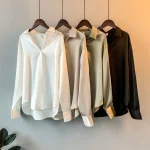 Satin Finish Long Sleeve Shirts Tops Fashion Moterims Single Breasted Lapel New Blouses Casual Office Lady Commute French Outwear
