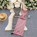 2025 Strip Ins Fashion Sexy Package Hips Bodycon Suknelė Lady New Stripes Knitted Spaghetti Straps Outfits Maksi Long Moterims Suknelė
